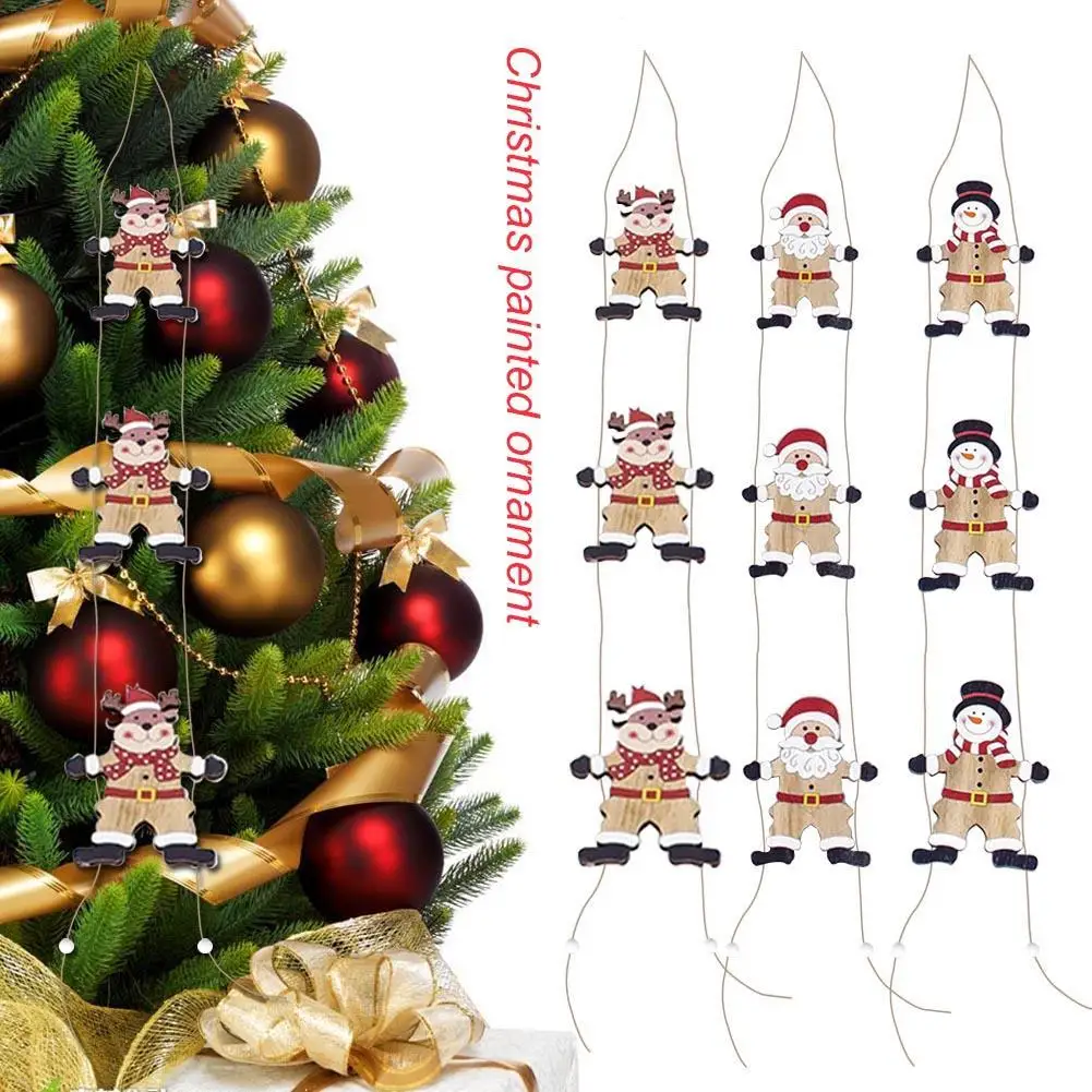 Рождественская деревянная длинная веревочная подвеска Санта-Клаус Снеговик Лось расписанная Деревянная открытка Рождественская елка Креативный орнамент