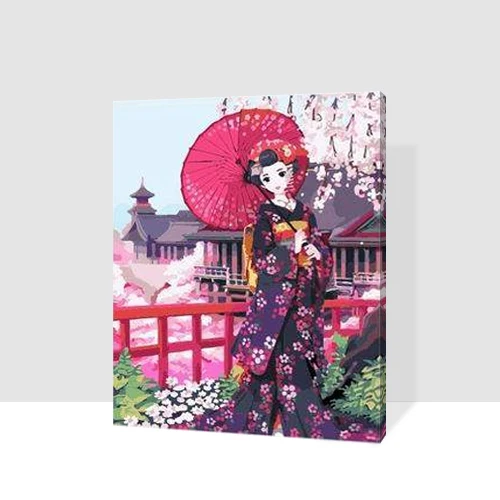 

MaHuaf-A935 DIY oil painting by numbers coloring on canvas home deco Japanese kimono girl under cherry tree 40x50cm Framed