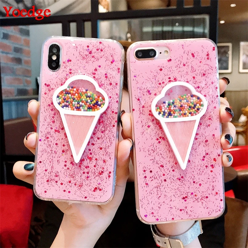 

3D Pink Ice Cream Phone Cases For iPhone 7 Case Soft Liquid Quicksand Back Cover For iPhone XS Max XR X 10 6 6S 7 8 Plus Fundas