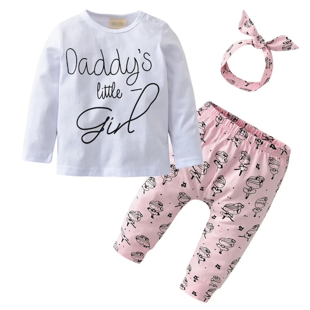 Одежда для новорожденных и маленьких девочек комплект из 3 предметов, хлопковая футболка с длинными рукавами и надписью «Daddy's Little Girl»+ штаны+ повязка на голову, одежда для малышей
