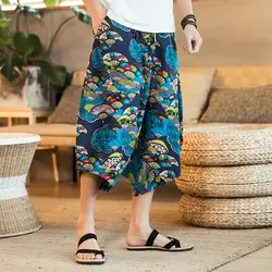 Новинка Harlan льняные широкие штаны мужские подтяжки в китайском стиле цветочный свободный крой, повседневный пляжный