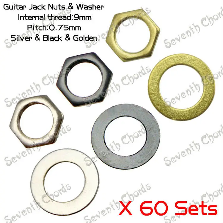 60 Sets 9MM Guitar Input Output Jack Nut & Washer for Electric Bass