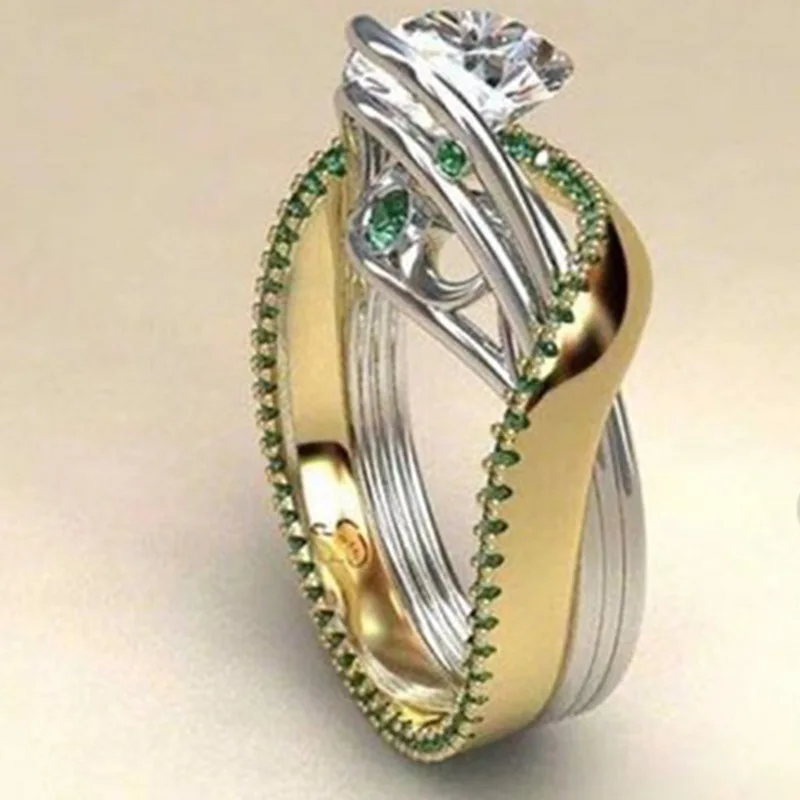 

Double Color Gold Silver Irregular Green Crystal Stone Punk Finger Ring Fashion Women Band