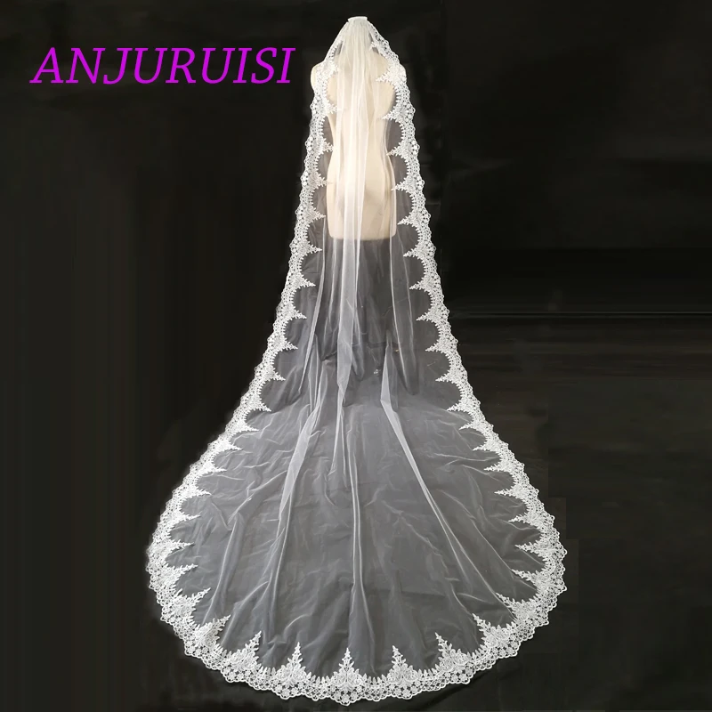 

ANJURUISI New Elegant Cathedral Veil Lace Edge One Layer Wedding Veil 2019 White Tulle Bridal Veil In Stock With Metal Comb