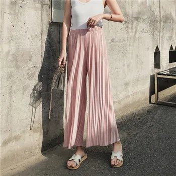 

Korean 2019 Spring Summer Pants New High Waist Pleated Chiffon Wide Leg Pants Women's Ankle Length Trousers Students Chic Loose