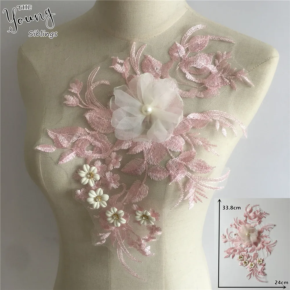 

3D flower Embroidery Applique Fashion pearl Lace Collar Tulle DIY Rhinestone Lace Neckline Wedding Clothing Accessories Supplies