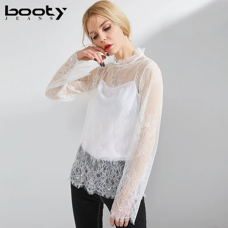 Bootyjeans 2018 весна новые европейские женские сексуальные кружевные рубашки с