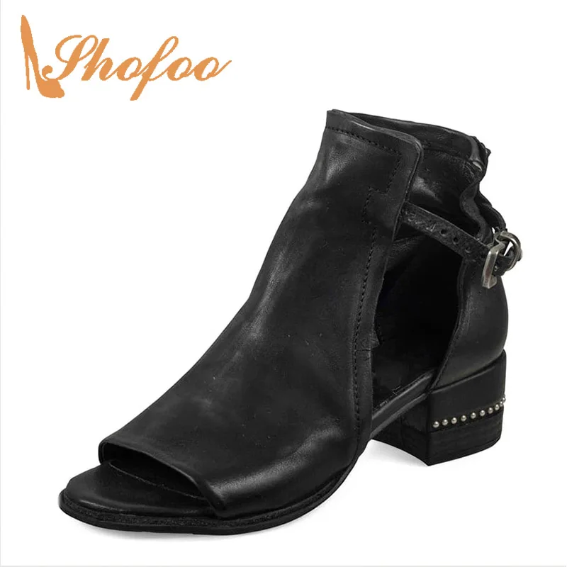 

Black High Chunky Heels Peep Toe Boots Woman Buckle Strap Soft Leather Large Size 11 15 For Ladies Summer Booties Shoes Fashion