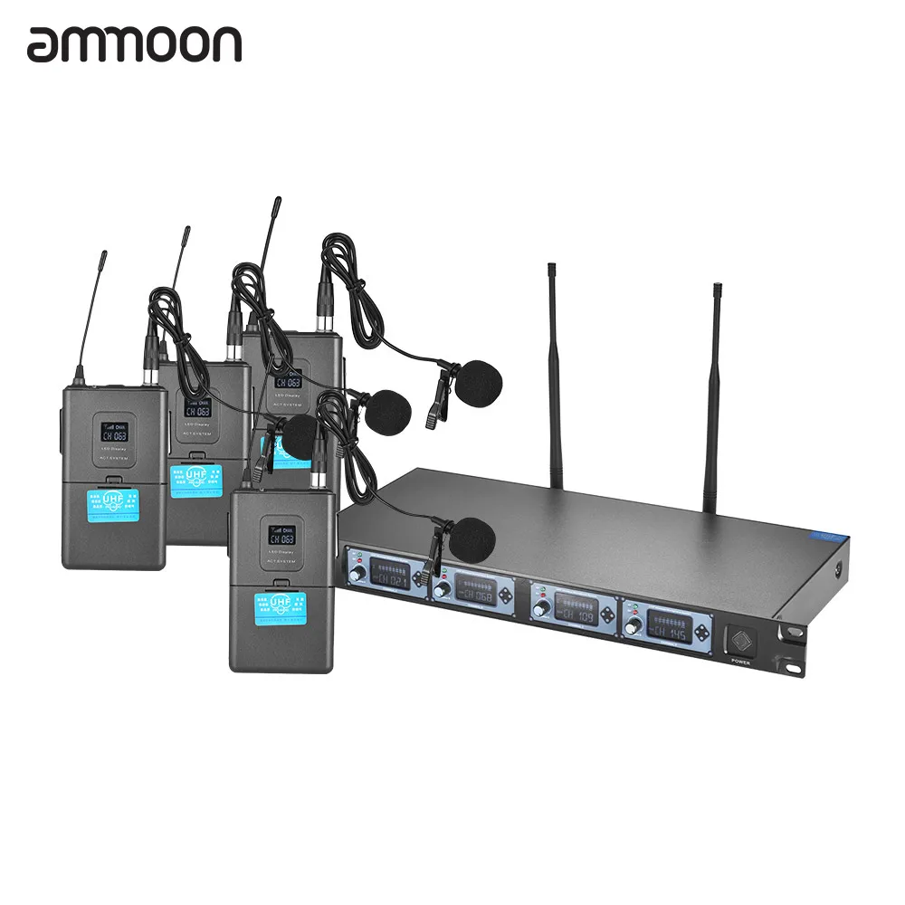 

UHF 4 Channels Wireless Microphone System with 4 Bodypack Transmitter 4 Headset microfone 1 Receiver Audio Cable Power Adapter