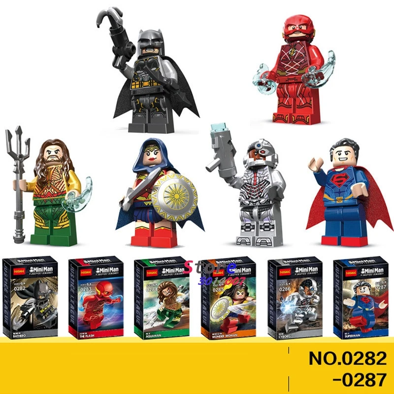 

6pcs superhero Justice League Batman Aquaman Wonder Woman Superman The Flash Victor Stone building blocks model toy for children