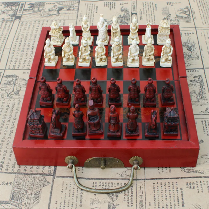

21*11*6cm Antique Chinese Chess Set Pawn Perspective Trumpet Folding Travel Chess Board Chess Terracotta