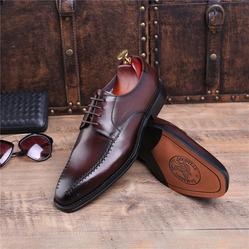 Коричневые/черные деловые туфли с острым носком Мужские модельные туфли из натуральной кожи Goodyear Welt обувь для мальчиков обувь для выпускного вечера