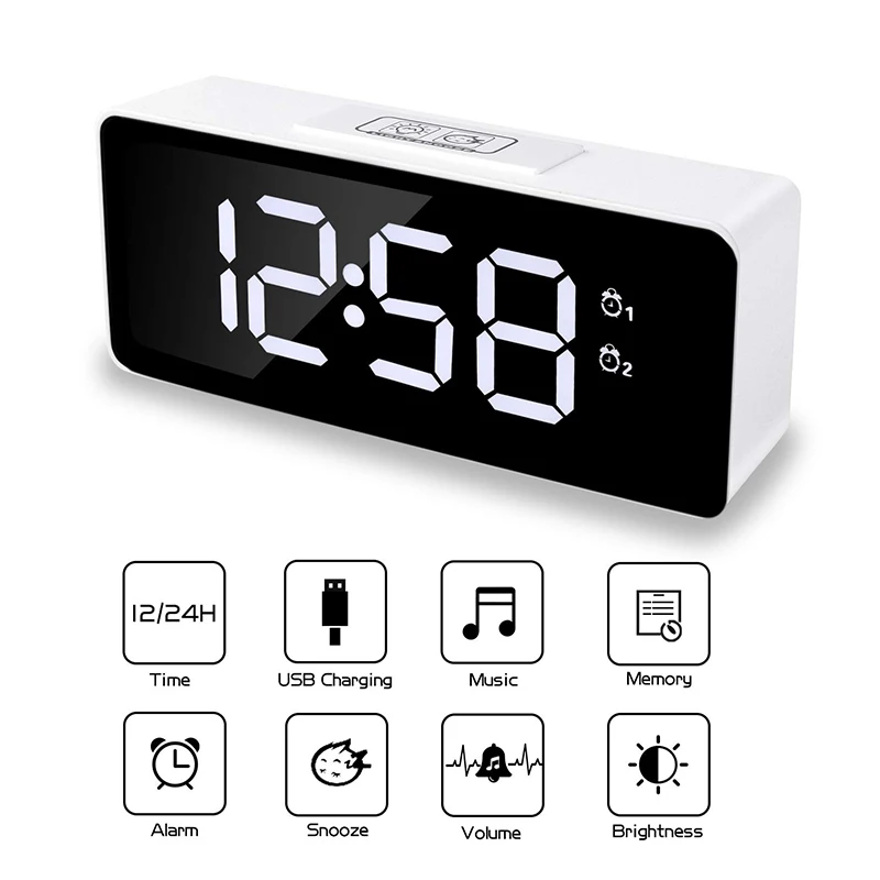 

Home Digital Alarm Clock With LED Display Electronic Watch Snooze Adjustable Brightness &Volume Portable Mirror Table Clock
