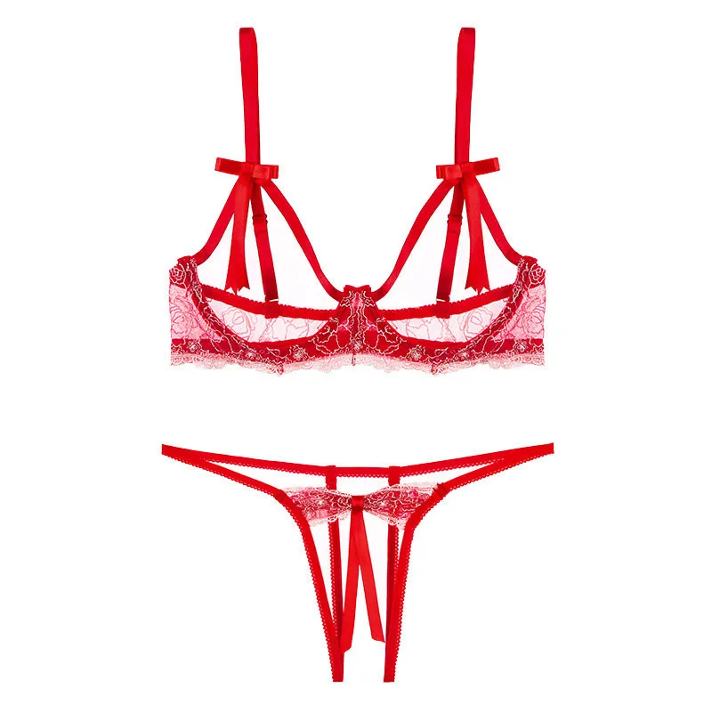 Women's Sexy Bra Set Embroidery Lace Exposed Breast Sexy Lingerie Strap Cupless Bralette With Open Crotch Panties Underwear Set