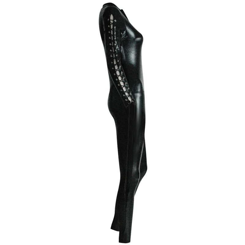 2016 Wholesale Cool Long Sleeve Open Hip Back To Crotch Zipper Rhinestone Belt Jumpsuit Costume Black Vinyl Leather Lingerie W7826 (4)