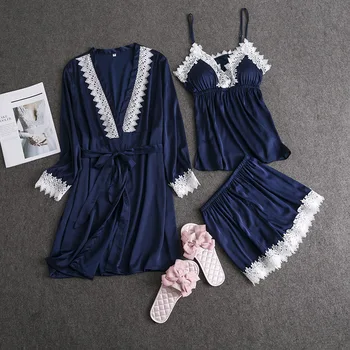 

2020 New Silky Satin Women 3PCS Sleepwear Sexy Lace Trim Cami+Shorts+Robe Nightwear Suit Deep V-Neck Pajama Pijama Set M L XL