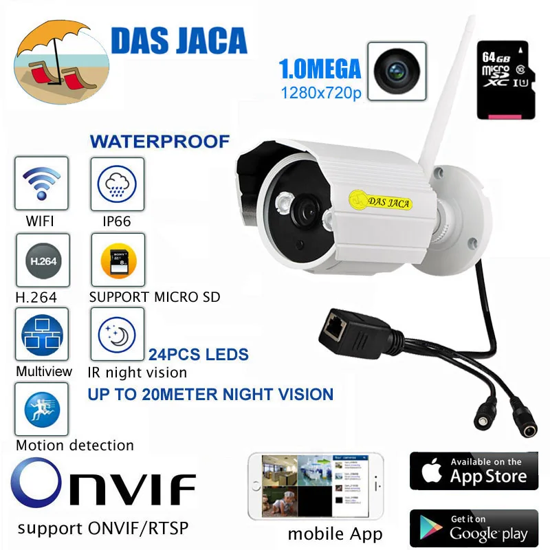 DasJaca 1mp 720 P HD IP камера водонепроницаемая Wifi камера инфракрасного ночного видения наружного наблюдения CCTV камера безопасности HD SD 64 ГБ