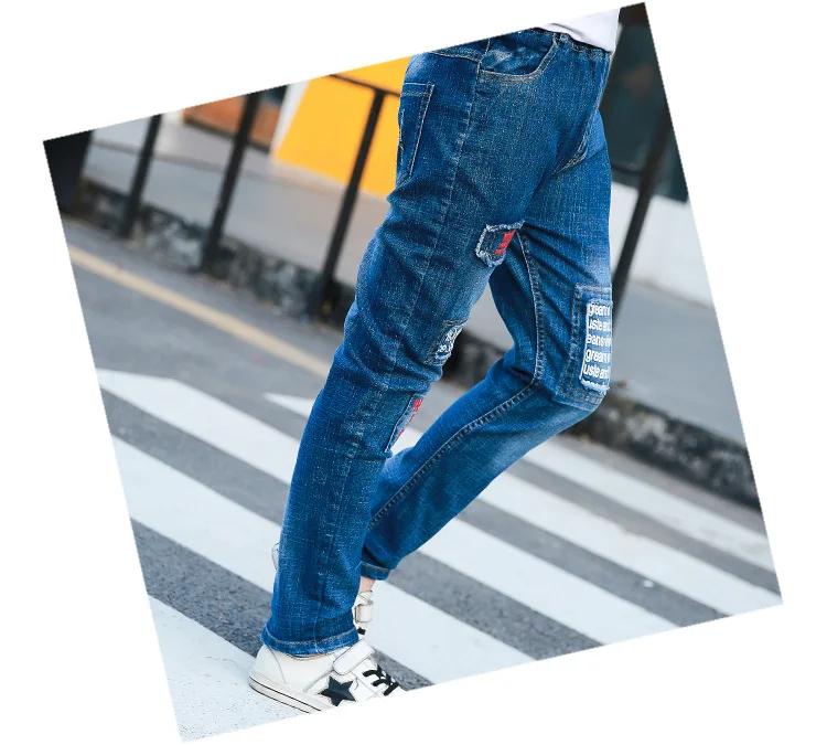 7 Baby Boys Patched Jeans Ripped Denim Pants Letters Applique Broken Hole Trousers Teens Casual Elastic Waist Children Clothing