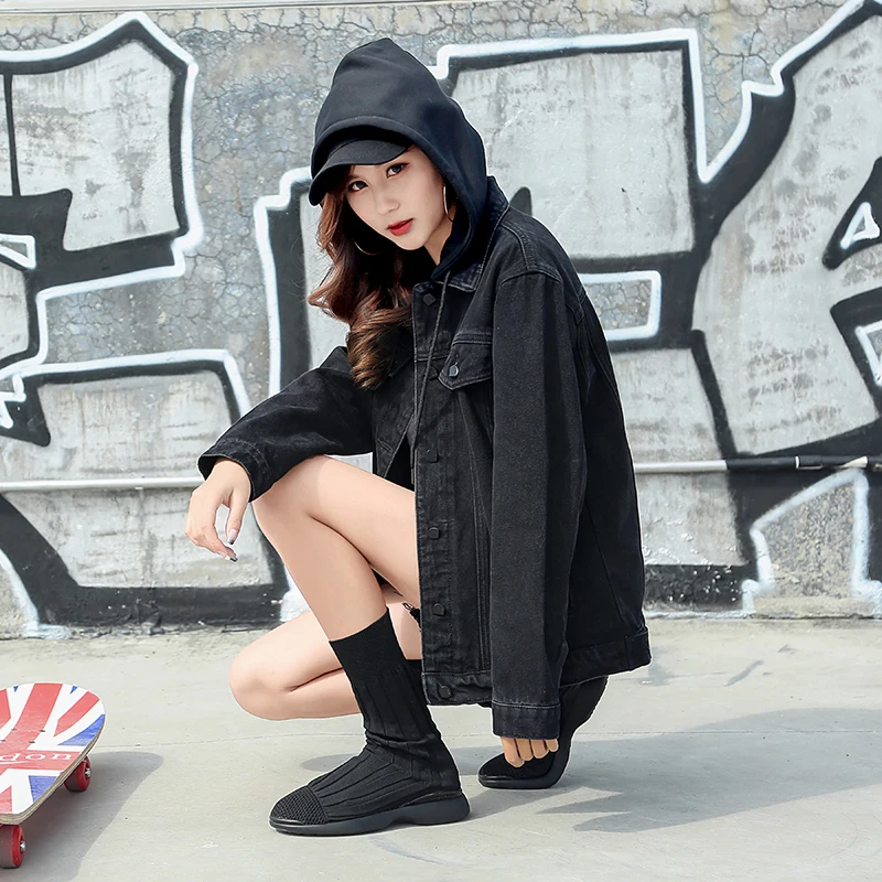 

2018 spring coat female han edition loose couple of bf hexagrams removable black cowboy hat jacket