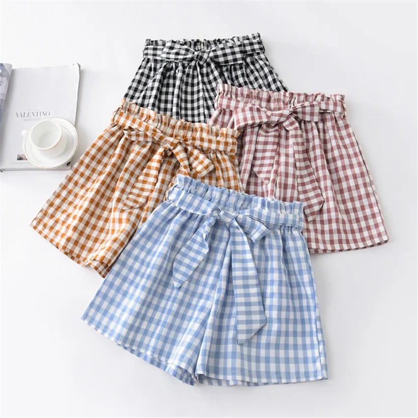 

2018 New Summer Women high waist Plaid Short Pants Wide Leg Loose Sashes bud Shorts Brief Big Size Female Streetwear Hot WZ394