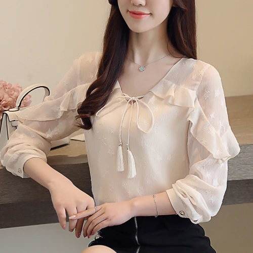 

Spring Chiffon Women Shirt 2019 New Style Autumn Long Sleeve V-neck Designs Work Wear Female Fashion Slim Temperament Blouses