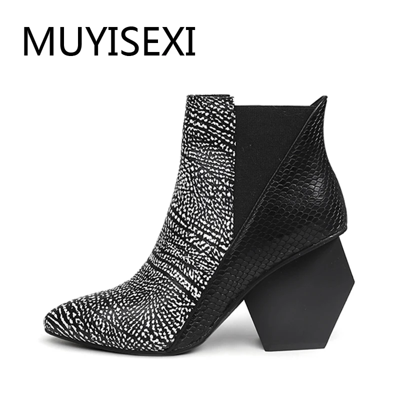 

Women Boots Black Genuine Leather Pointed Toe Slip On High Heel Autumn Ankle Boots chaussure femme X037 MUYISEXI