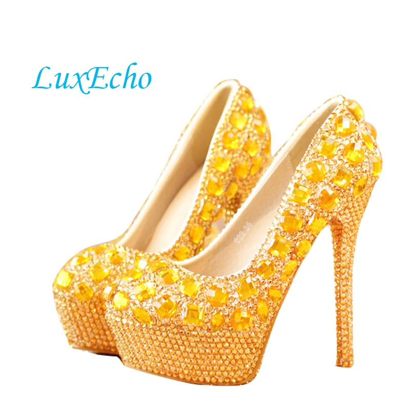 

Gold rhinestone ultra high heels bridal shoes women performance round toe thin heels shoes hot-selling size 35-39