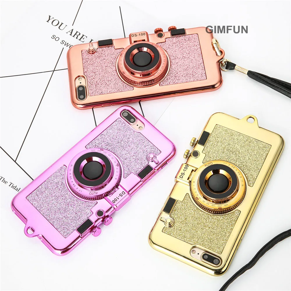 

GIMFUN Luxury 3D Retro Glitter Camera Case for Iphone 6s 6 7 8 plus Case Funny Bling Soft Tpu Mirror Case for iphone X Lanyard