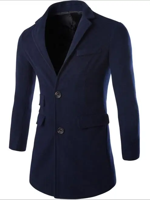 Осенне-зимнее шерстяное пальто, мужское пальто, повседневное теплое пальто с двумя пуговицами, 3 цвета - Цвет: Navy blue