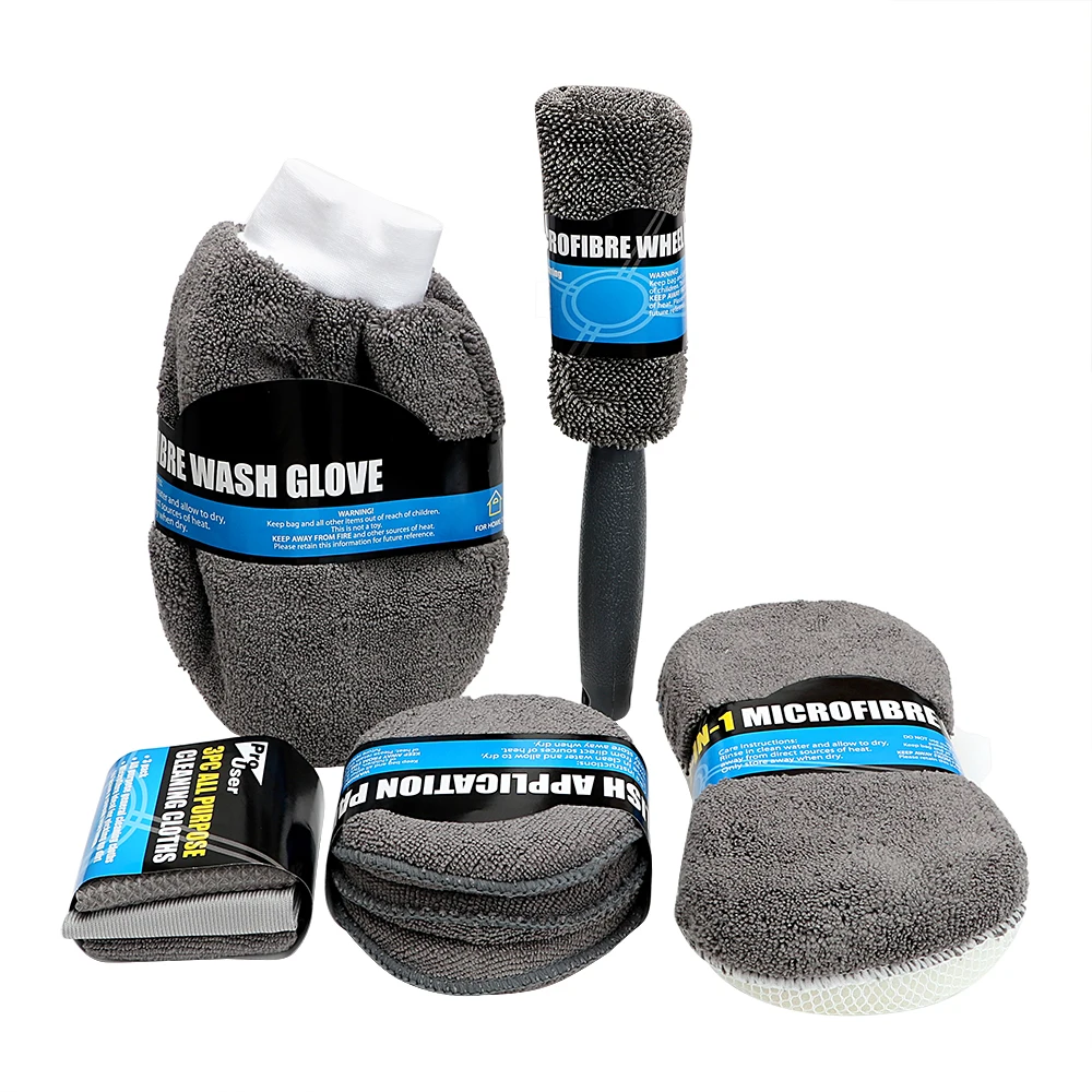 

9Pcs Include 3* Microfiber Towels, 3* Applicator Pads, Wash Sponge, Wash Glove, Wheel Brush Microfiber Car Wash Cleaning Kit