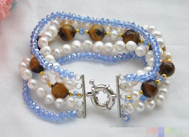 

Hot selling>@@ > 01315 5row 8" white freshwater pearl tiger's-eye blue faceted crystal bracelet -Bride jewelry free shipping