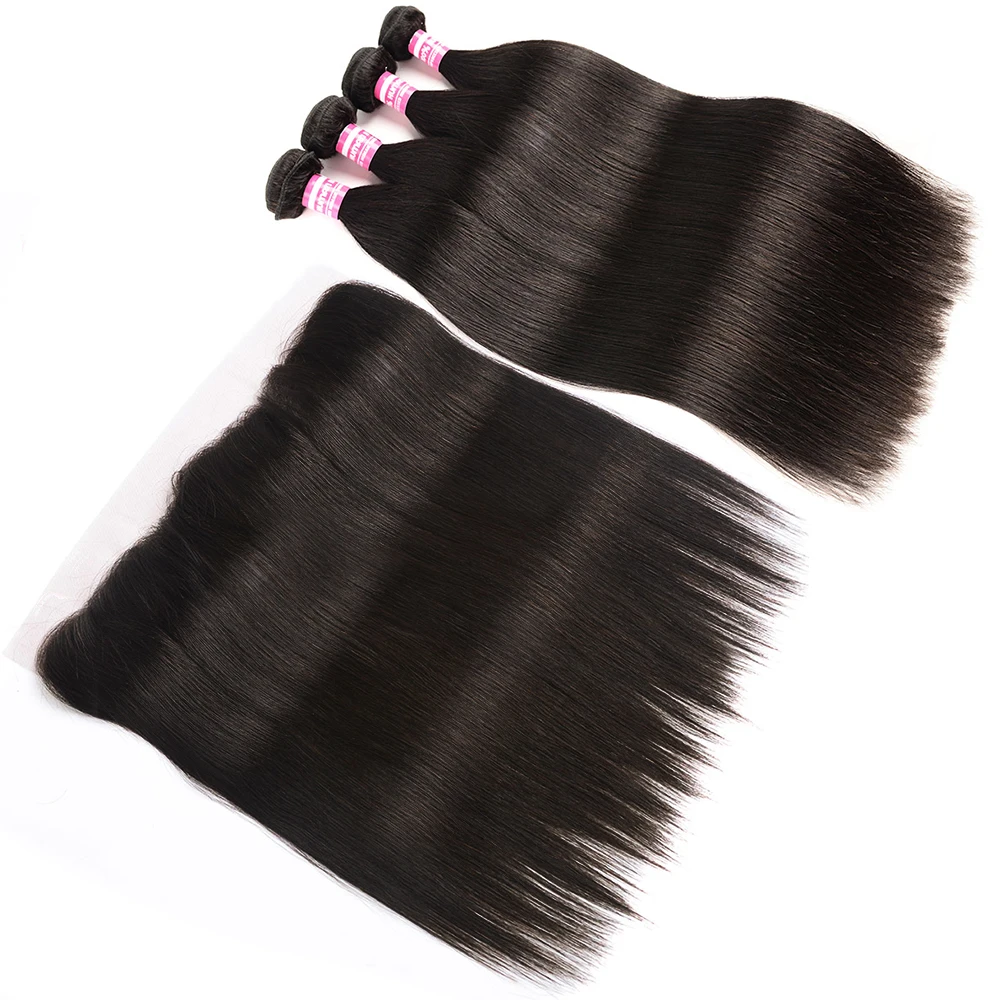 

SalonChat Brazilian Straight Hair 22 24 26 28 Bundles With 20 Inches Lace Frontal Remy Natural Color Human Hair One Full Head