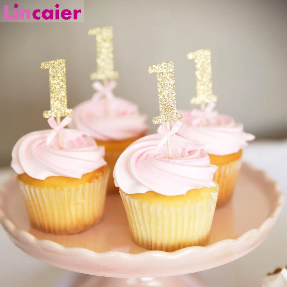 10 6pcs Glitter Paper 1 Cupcake Toppers First Birthday Party