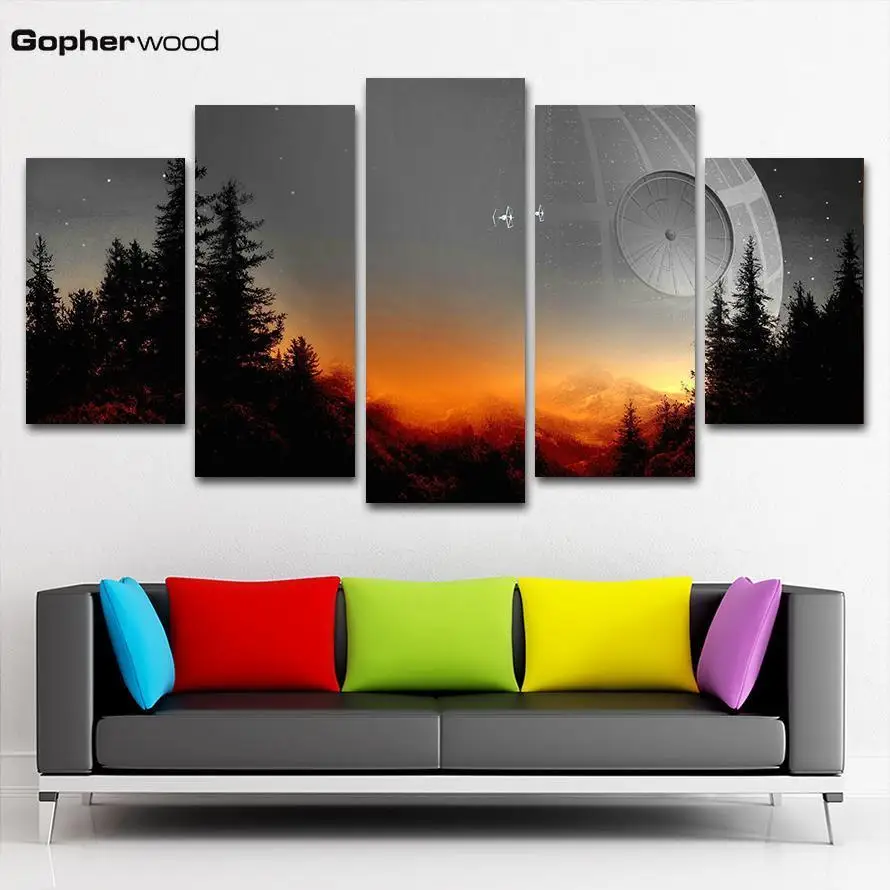 

Modular Canvas Pictures Wall Art Framed 5 Pieces Star Wars Tree Death Star Painting Living Room Prints Movie Poster Home Decor