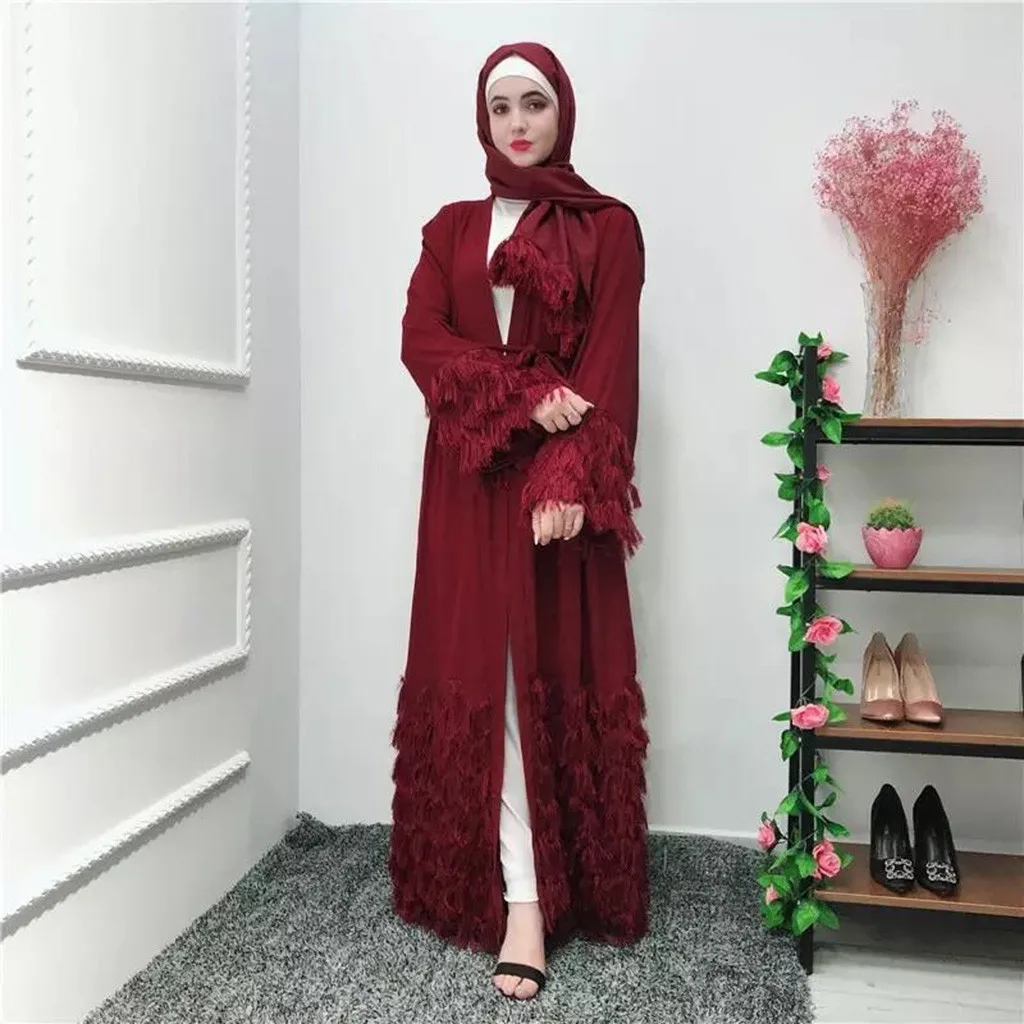 Abaya/женское мусульманское платье с кисточками и v-образным вырезом, длинное арабское платье с длинным рукавом