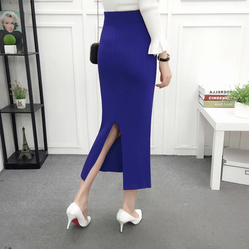 ELEXS женская зимняя Длинная шерстяная юбка, юбка-карандаш с эластичной талией, Женская офисная юбка, винтажная Женская Осенняя юбка E1123 - Цвет: Royal Blue