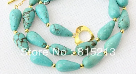 

ddh0051 AAA natural 17" 8X15mm drop turquoise necklace filled gold clasp