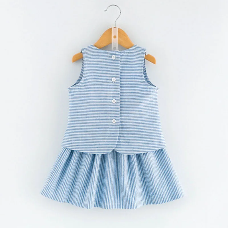 

2017 Brand Girls Clothes Summer Style Kids Clothes Blue And White Stripes Sleeveless T-shirt +Fashion Skirt Girls Clothing Sets