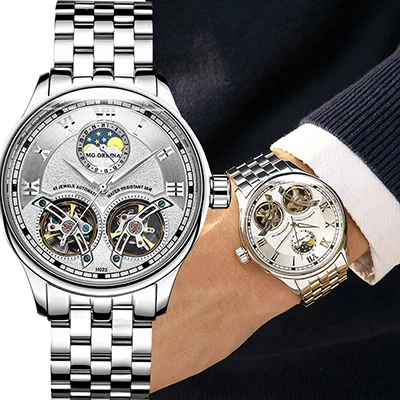 MG. ORKINA, водонепроницаемые автоматические мужские часы из нержавеющей стали, механические часы с скелетом, деловые наручные часы с двойным турбином - Цвет: MG.H022-silverwhite