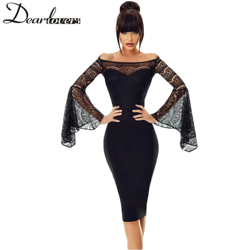 Dear Lover Lace Sexy Dress Black Long Sleeve Off Shoulder Bodycon Party