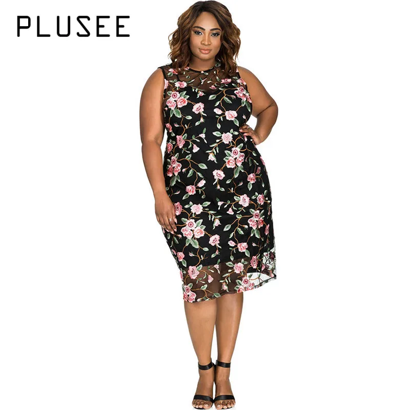Plusee Dress Plus Size 3XL 4XL Women 2017 Bodycon Cotton Zipper Mesh See-Through Embroidery Floral Round Neck Plus Size Dress plus-floral-dress : image Plusee Dress Plus Size 3XL 4XL Women 2017 Bodycon Cotton Zipper Mesh See-Through Embroidery Floral Round Neck Plus Size Dress plus-floral-dress