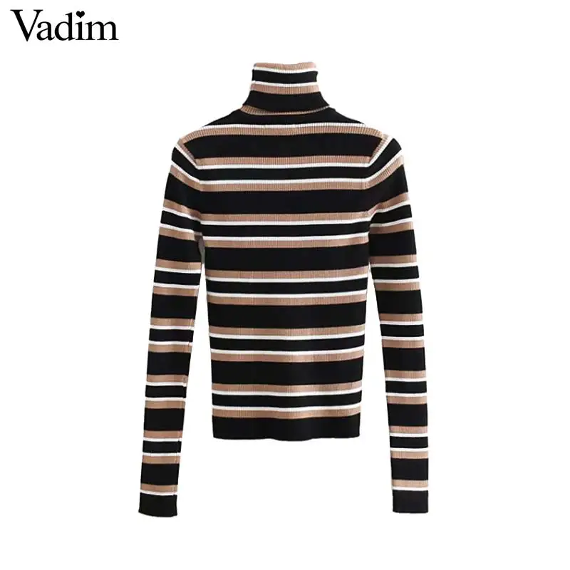 Vadim women chic striped knitted turtleneck sweater long sleeve stretchy pullovers vintage female casual basic tops HA322 | Женская