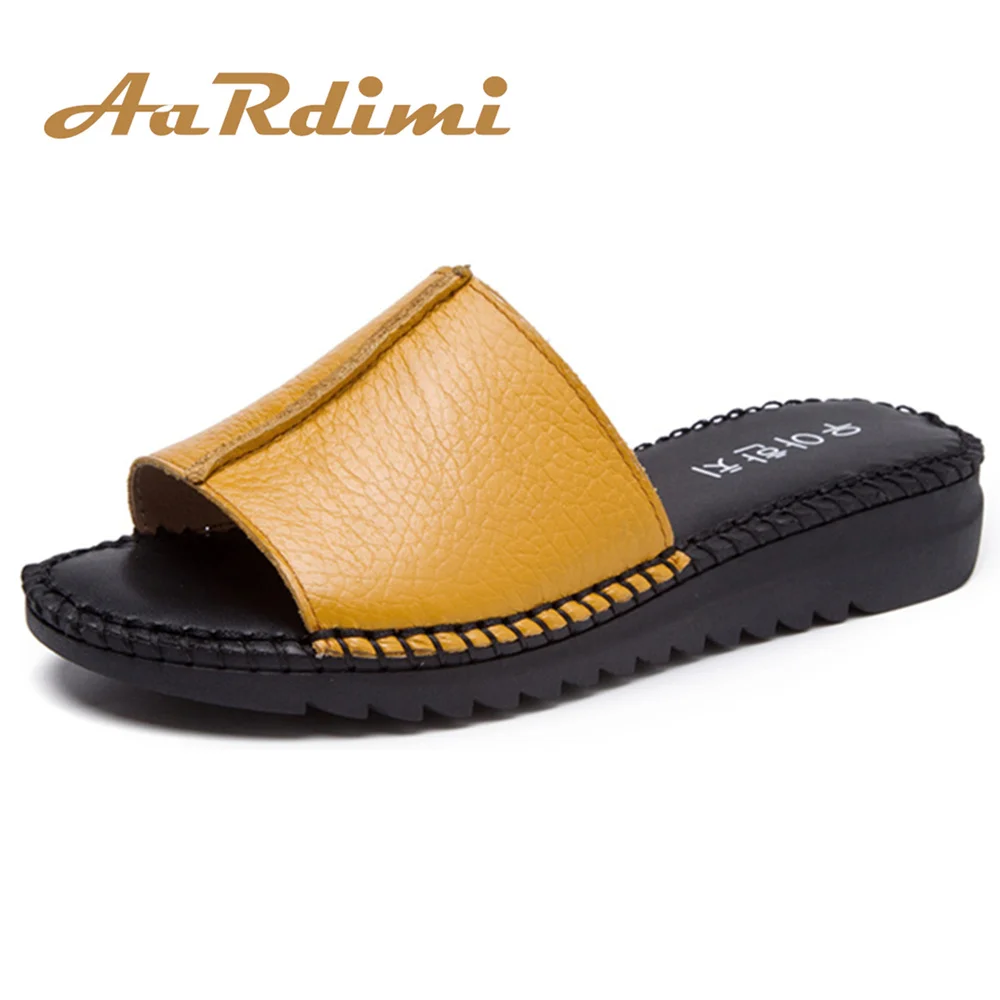 

AARDIMI 2018 Handmade Genuine Leather Women Slippers Classics Summer Slip On Shoes Women flip flops Retro Sewing Female Slippers