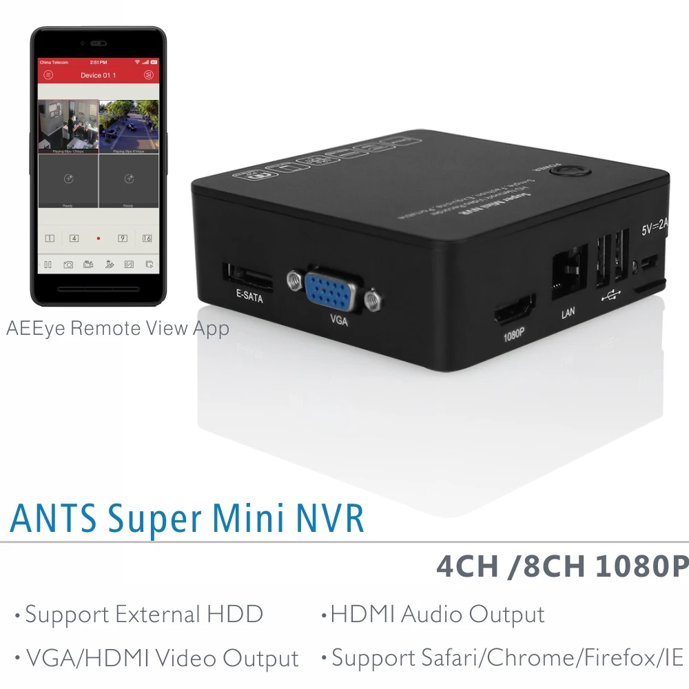 ANTS 4CH 8CH Super Mini NVR and Decoder for 8pcs 720P/960P/1080P Onvif IP Camera, HDMI/VGA