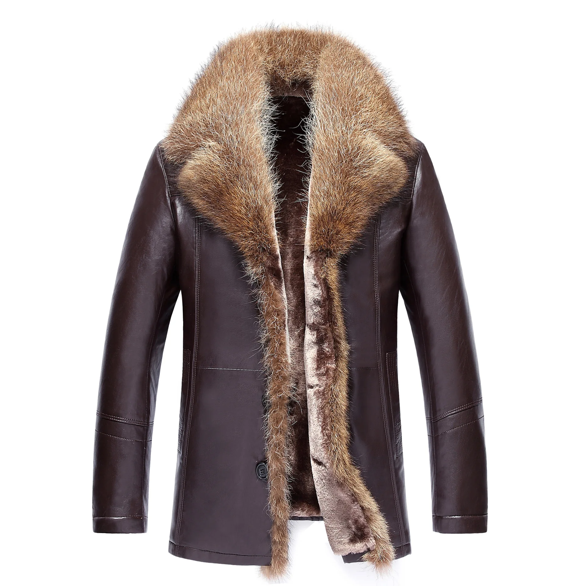New Winter Big Fur Raccoon Collar Jacket Leather coat Man Thick Casual ...