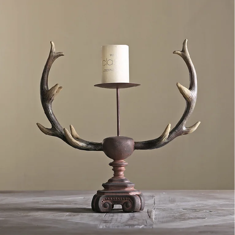 European Retro Deer Horn Sculpture Candle Holder Resin Candlestick
