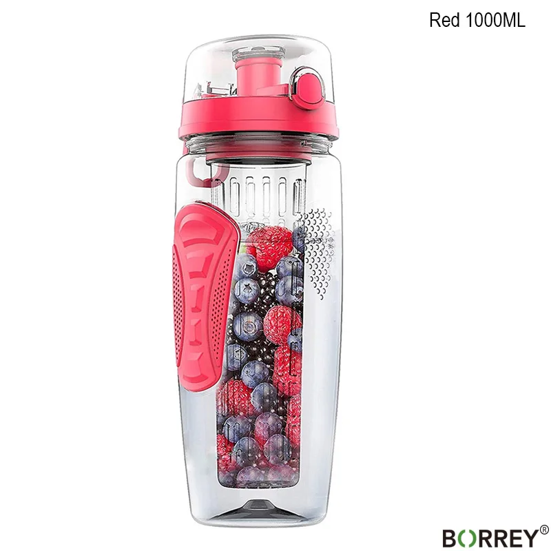 BORREY 1000 мл Тритан бутылки воды Фрукты настаивая Infuser лимонный сок бутылка для воды Портативный Спортивная бутылка для воды Пластик Bpa бесплатно - Цвет: Red