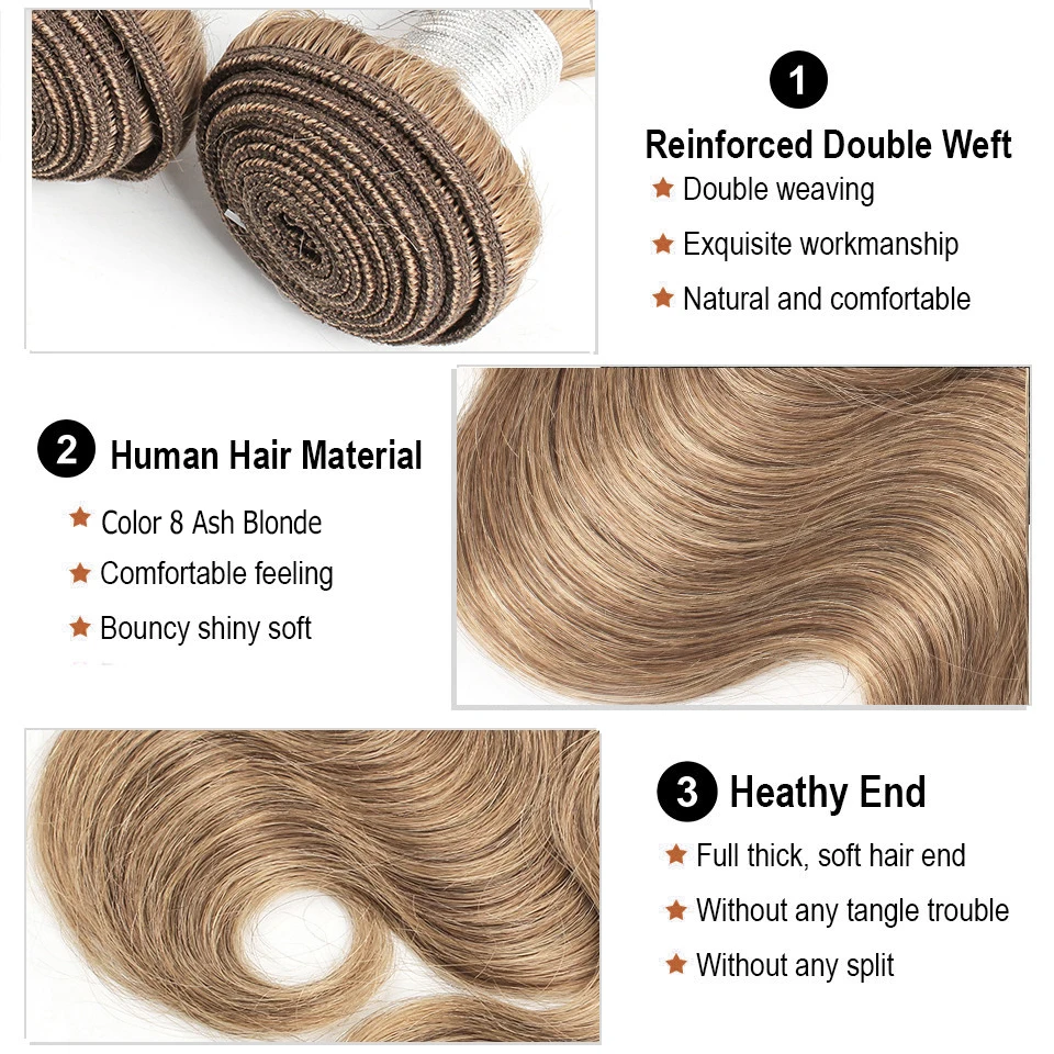 Mogul Hair Body Wave Color 8 Ash Blonde Color 27 Honey Blonde Color 30 Indian Body Wave Hair Bundles Remy Human Hair Extension