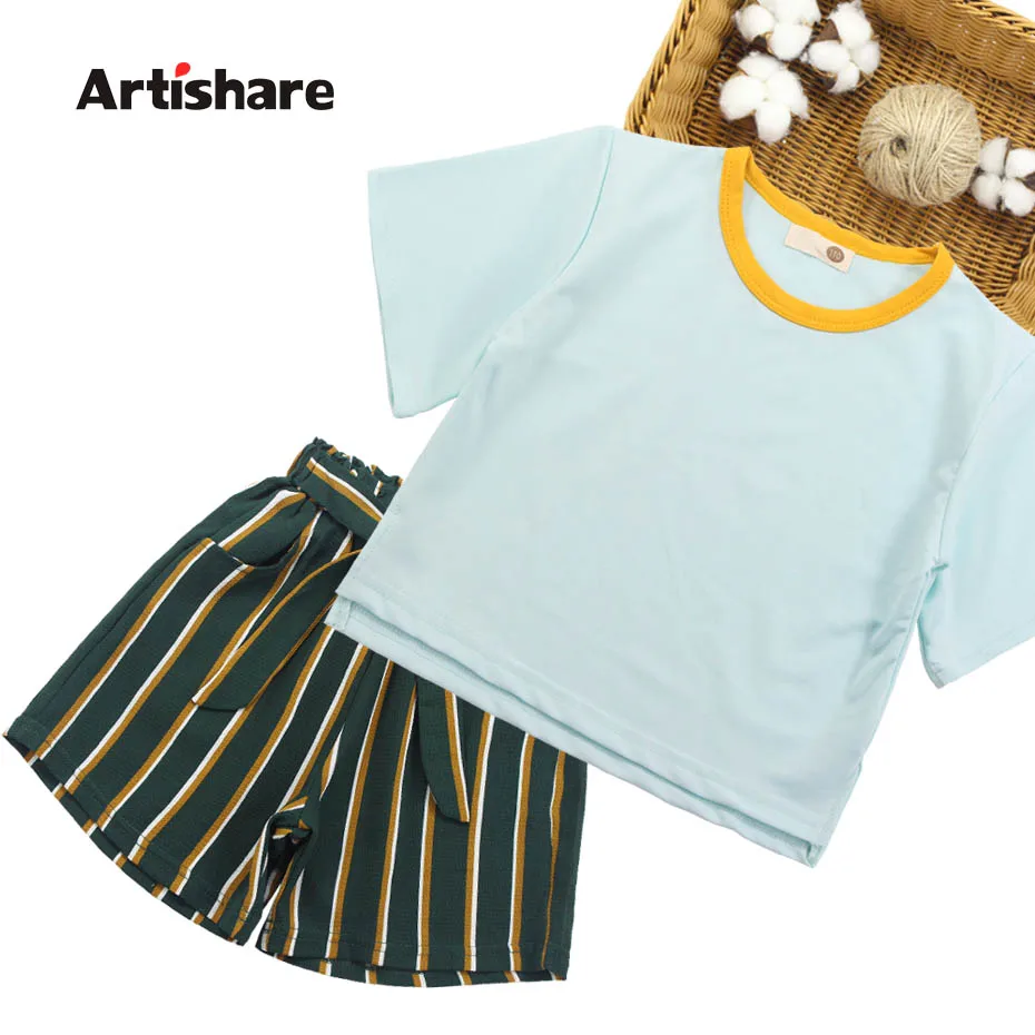 

Summer Clothes For Girls Solid Shirt + Striped Shorts 2PCS Girls Sets Clothing 2019 Teenage Kids Set Girls 6 8 10 12 13 14 Year