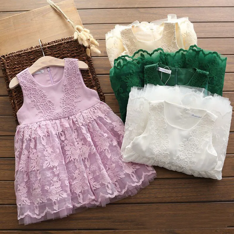 Летние новые платья для девочек Детская одежда принцессы без рукавов Кружево Пышное праздничное платье Модное платье без рукавов 4 цвета